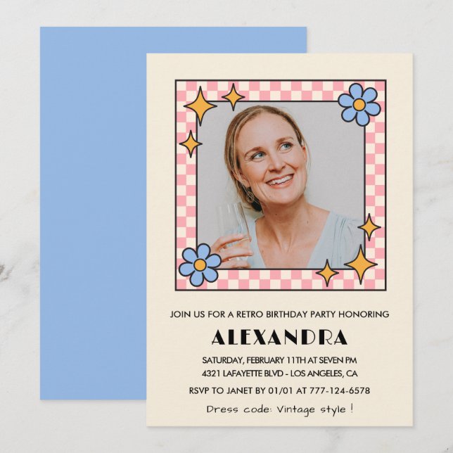 Convite de aniversário de 47 anos com foto floral  (Frente/Verso)