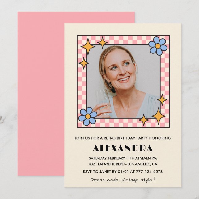 Convite de aniversário de 47 anos com foto floral  (Frente/Verso)