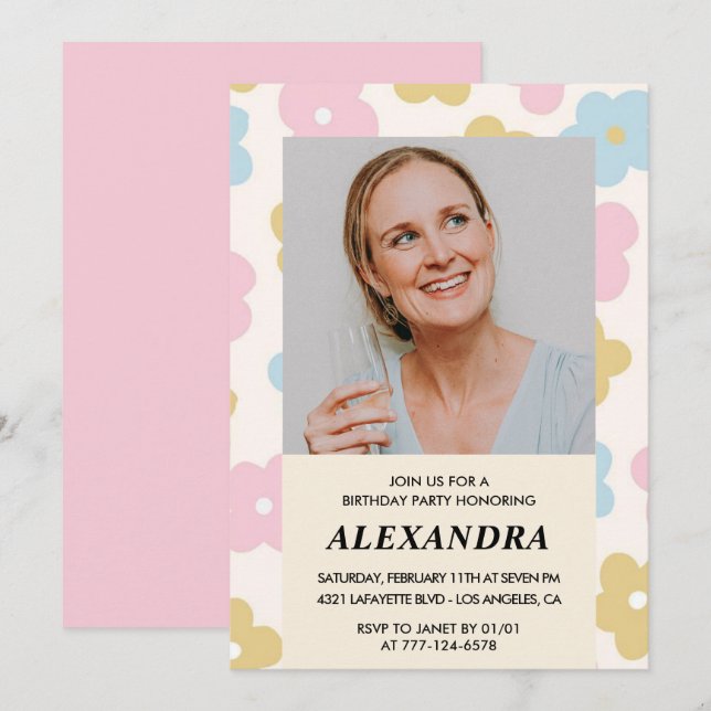 Convite de aniversário de 47 anos com foto floral  (Frente/Verso)