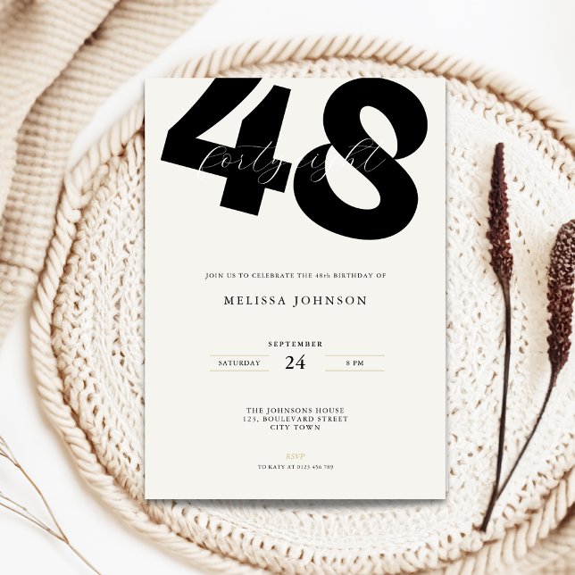 Convite de Aniversário de 48 anos Minimalista - Ti (Minimal 48th birthday invitation with stylish bold typography)