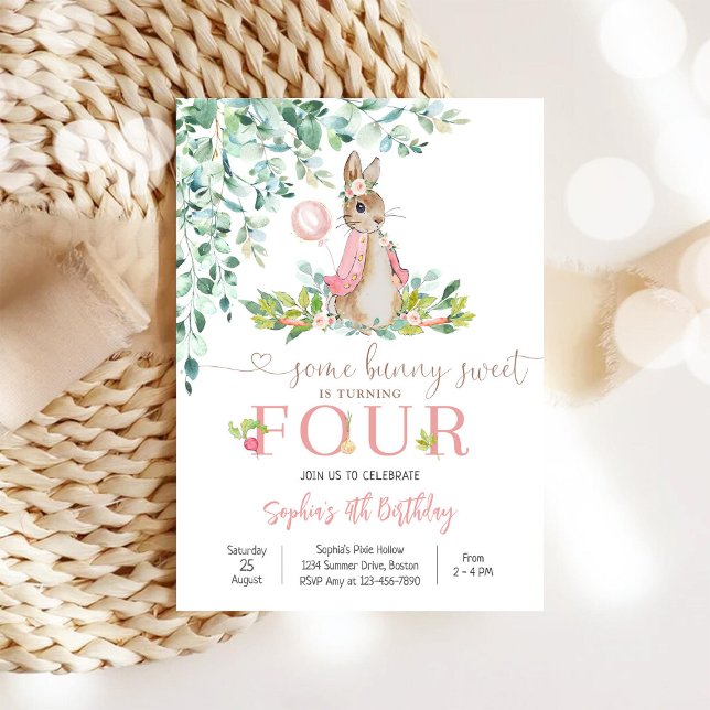Convite de Aniversário de 4 anos Bunny Floral (Criador carregado)