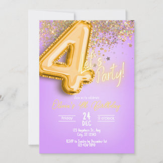 Convite de Aniversário de 4 anos com Brilho Roxo