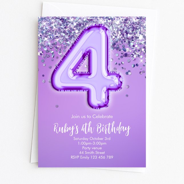 Convite de Aniversário de 4 anos com Brilho Roxo (Criador carregado)