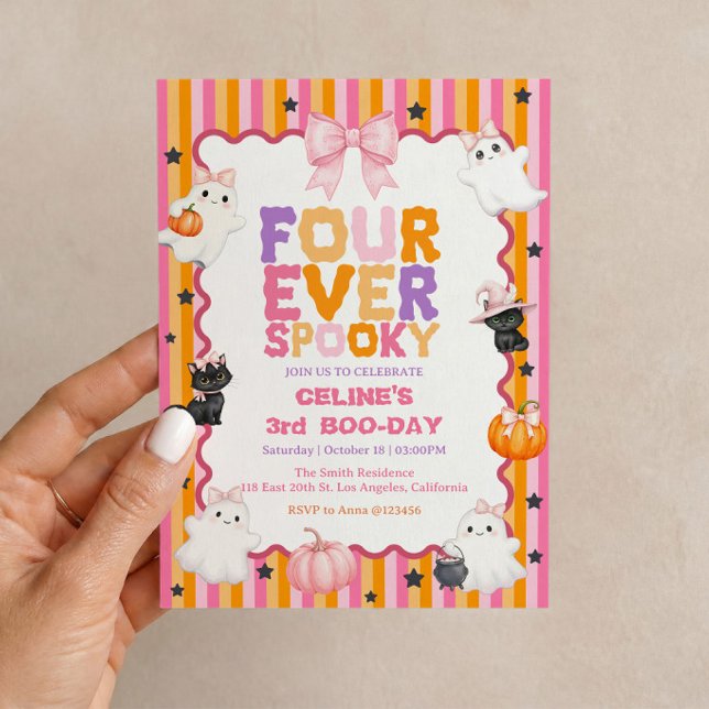 Convite de Aniversário de 4 anos com tema de Hallo (Pink Halloween invitation with cute ghosts for a fun and spooky girl’s fourth birthday. 👻🎀🎂)