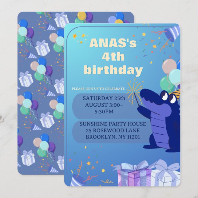 Convite de Aniversário de 4 Anos de Dinossauro Azu (Frente/Verso)