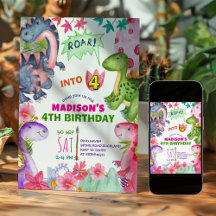 Convite de Aniversário de 4 anos de Dinossauro Men
