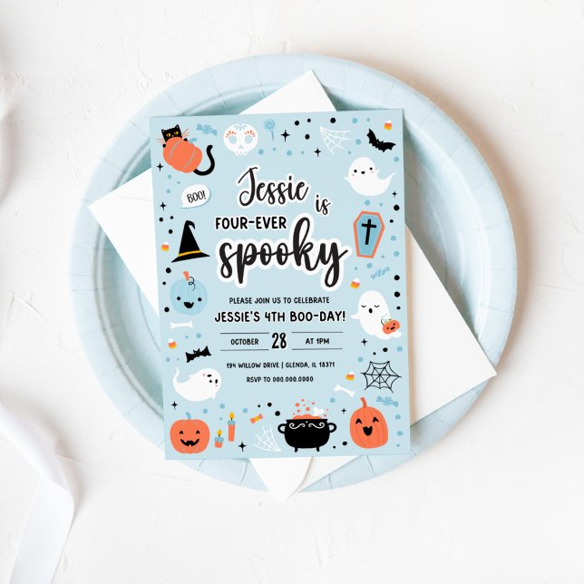 Convite de Aniversário de 4 anos de Halloween Azul (Blue and Orange Halloween 4th Birthday Invitation )