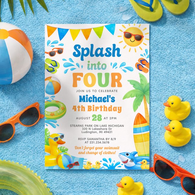 Convite de Aniversário de 4 Anos de Verão - Mergul (Boy 4th Birthday Invitation - Summer Beach Pool Party - Splash into Four)