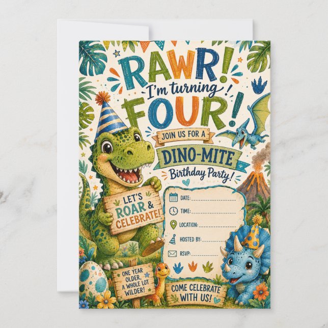 Convite de Aniversário de 4 anos Dino-Mite (Frente)