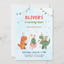 convite de aniversário de 4 anos do dinossauro t-r