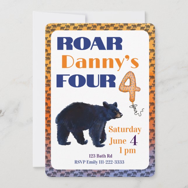 Convite de Aniversário de 4 anos do Roar Four Bear (Frente)