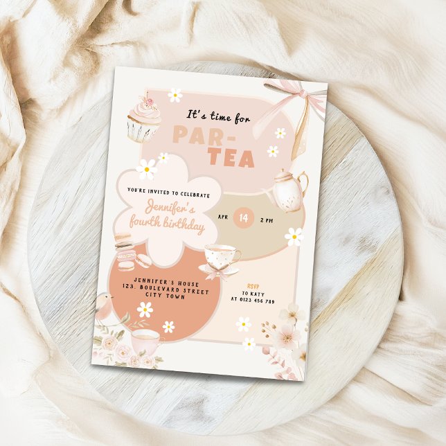 Convite de Aniversário de 4 anos Festa do Chá Past (Tea Party 4th birthday invitation pastel)
