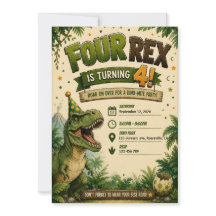 Convite de Aniversário de 4 anos Four Rex Dinossau
