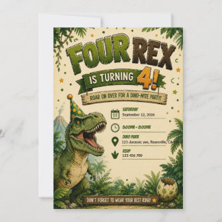 Convite de Aniversário de 4 anos Four Rex Dinossau