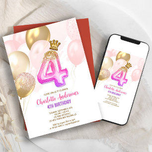 Convite de Aniversário de 4 anos Menina Balão Dour