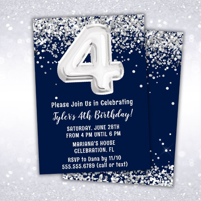 Convite de Aniversário de 4 anos Navy Blue Silver (Criador carregado)
