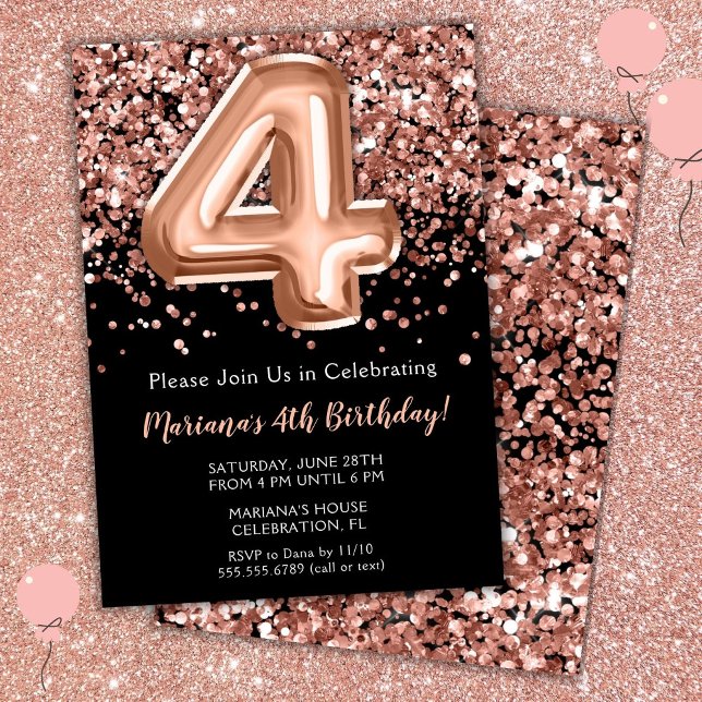 Convite de Aniversário de 4 anos Preto Rosa Dourad (Criador carregado)