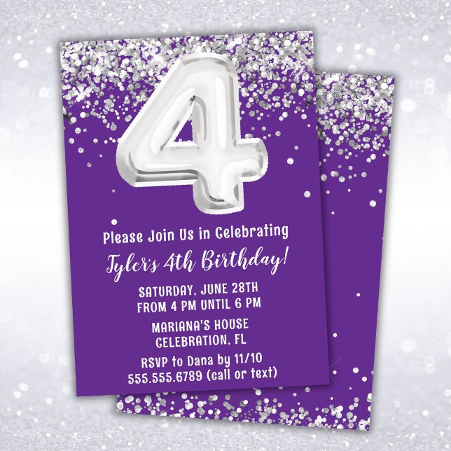 Convite de Aniversário de 4 anos Purple Silver (Criador carregado)