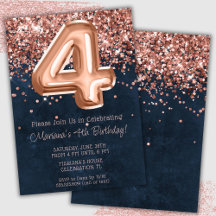 Convite de Aniversário de 4 anos Rose Gold Navy Bl