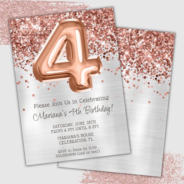 Convite de Aniversário de 4 anos Rose Gold Silver (Criador carregado)