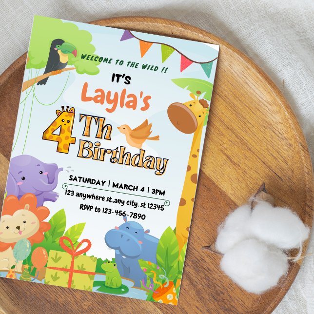 Convite de Aniversário de 4 anos Tema Safari Fofo  (Cute Safari Themed 4th Birthday Invitation for Kids)