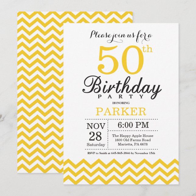 Convite de Aniversário de 50 anos Amarelo Chevron (Frente/Verso)