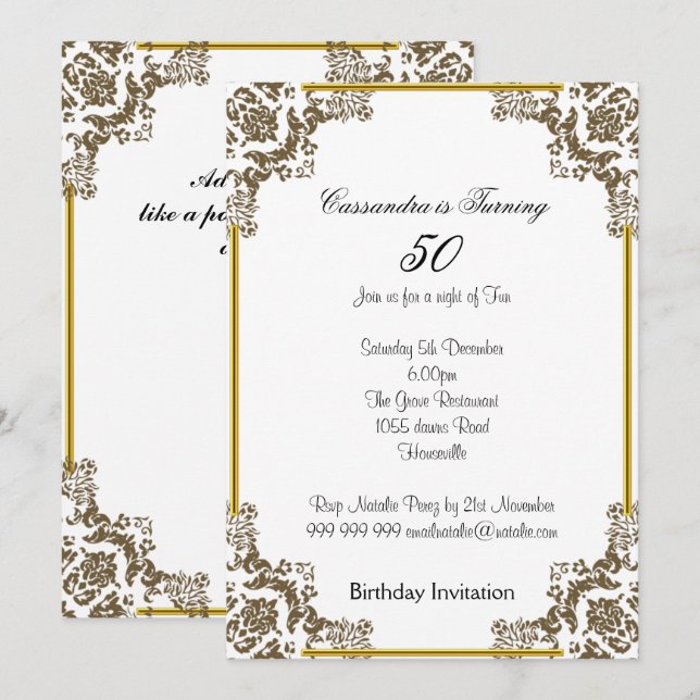 Convite de Aniversário de 50 anos Art Deco Branco (Frente/Verso)