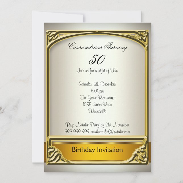 Convite de Aniversário de 50 anos Art Deco Creme D (Frente)