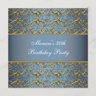 Convite de Aniversário de 50 anos Blue Gold Elegan