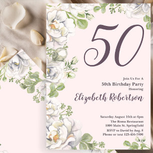 Convite de Aniversário de 50 anos Blush Rosa Flora