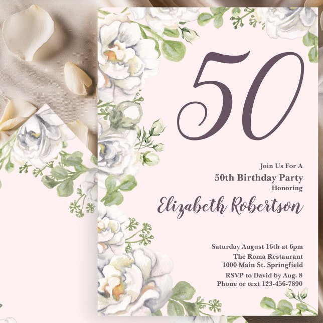 Convite de Aniversário de 50 anos Blush Rosa Flora (Criador carregado)
