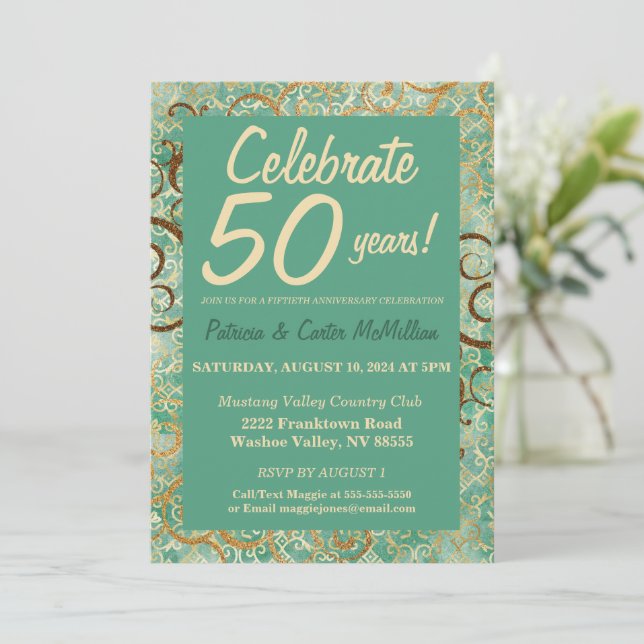 Convite de Aniversário de 50 Anos Chic Verde e Dou (Em pé/Frente)