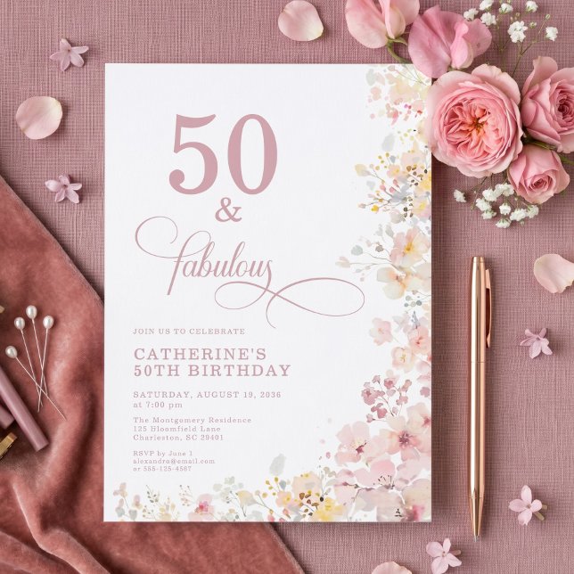 Convite de Aniversário de 50 Anos com Aquarela Ros (Criador carregado)