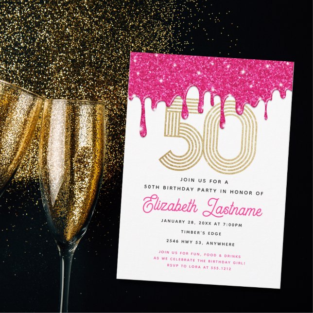 Convite de Aniversário de 50 anos com Brilho Rosa  (Criador carregado)