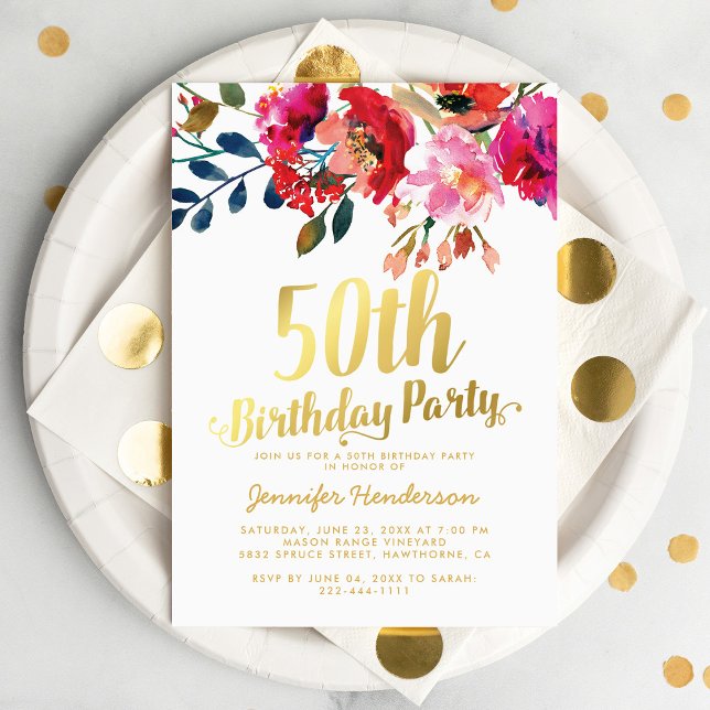 Convite de Aniversário de 50 anos com Floral Elega (Criador carregado)