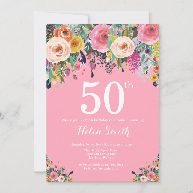 Convite de Aniversário de 50 anos com Floral Rosa (Frente)