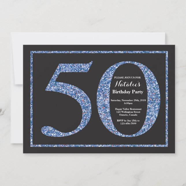 Convite de Aniversário de 50 anos com Glitter Azul (Frente)