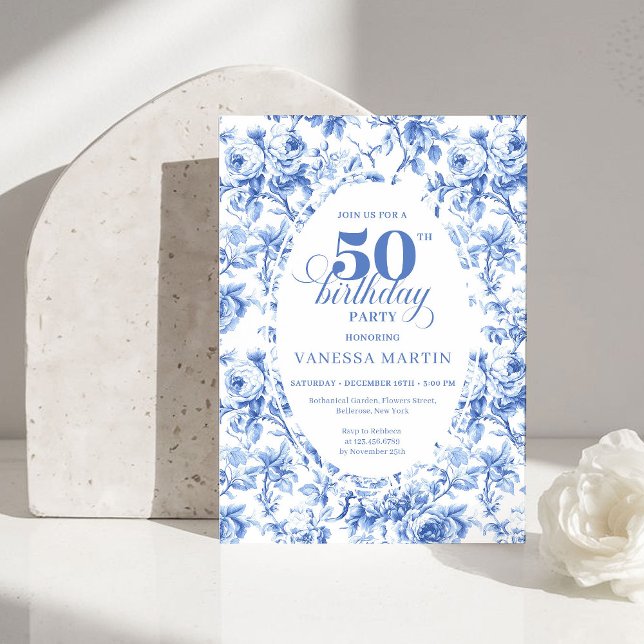 Convite de Aniversário de 50 anos com Rosas Toile  (Classic Navy Blue Toile Rose 50th Birthday Invitation)