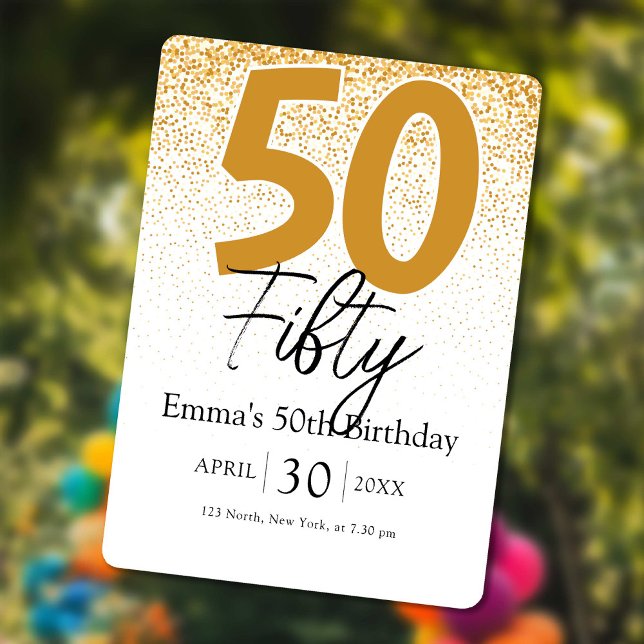 Convite de aniversário de 50 anos da Mamãe em letr (Gold glitter script Mom 50th birthday invitation)
