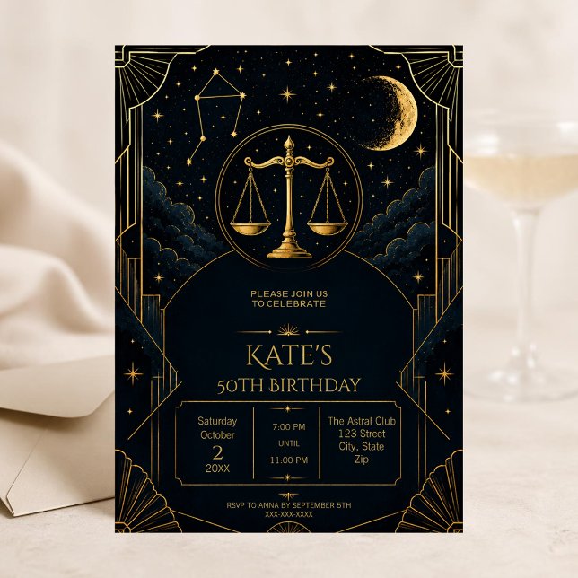 Convite de Aniversário de 50 anos de Libra | Celes (Elegant Libra 50th birthday invitation with gold zodiac scales and celestial midnight details.)