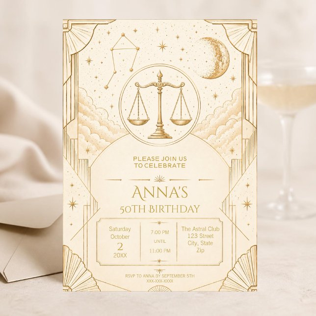 Convite de Aniversário de 50 anos de Libra | Elega (Elegant Libra 50th birthday invitation with luxurious gold and cream Art Deco celestial design.)