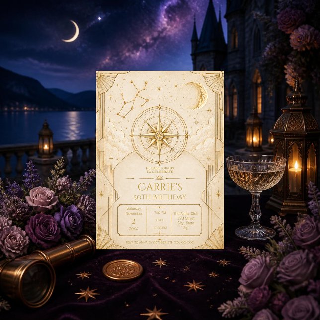 Convite de Aniversário de 50 anos de Sagitário Dou (Elegant Sagittarius zodiac invitation in gold & cream for a sophisticated 50th birthday celebration.)