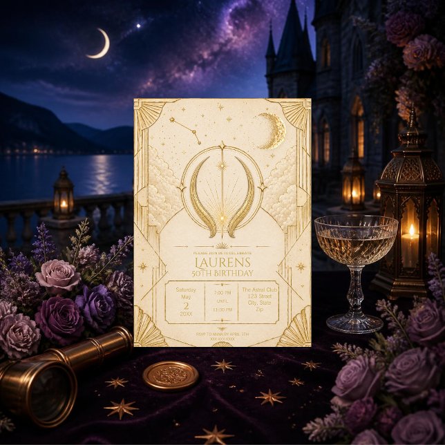Convite de Aniversário de 50 anos de Touro Dourado (Elegant Taurus 50th invitation with gold celestial details for a timeless milestone celebration.)