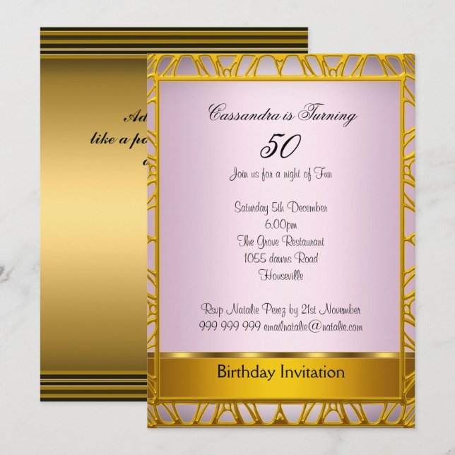 Convite de Aniversário de 50 anos Deco Gold Rosa (Frente/Verso)