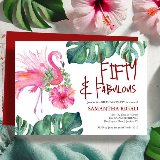 Convite de Aniversário de 50 Anos Divertido Flamin (Fifty and fabulous birthday invitations tropical watercolor pink flamingo by Victoria Grigaliunas)
