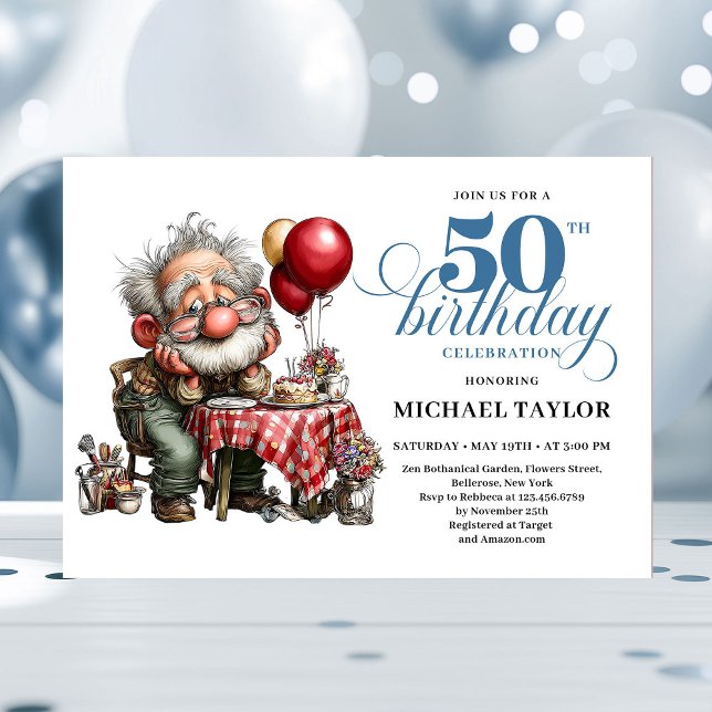 Convite de Aniversário de 50 Anos do Homem Cartoon (Funny Cartoon Man 50th Party Milestone Invite)