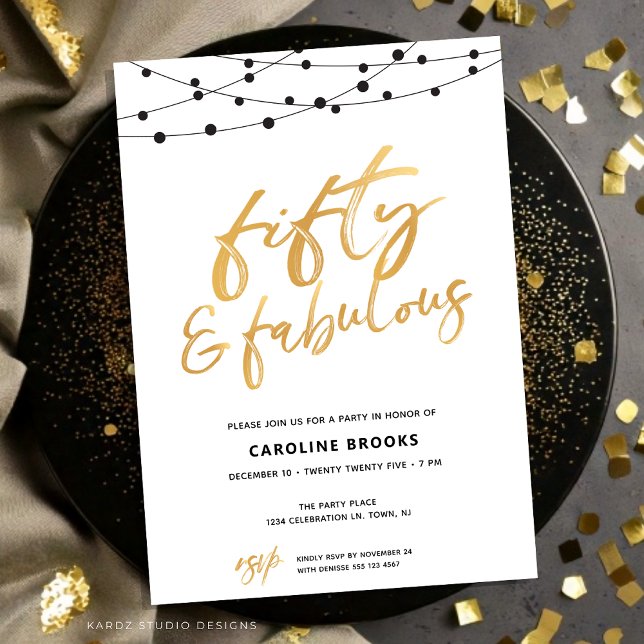 Convite de Aniversário de 50 Anos Dourado Cinquent (5oth Birthday Invitation shown in a flat 5x7 card. Faux Gold script over white background.)