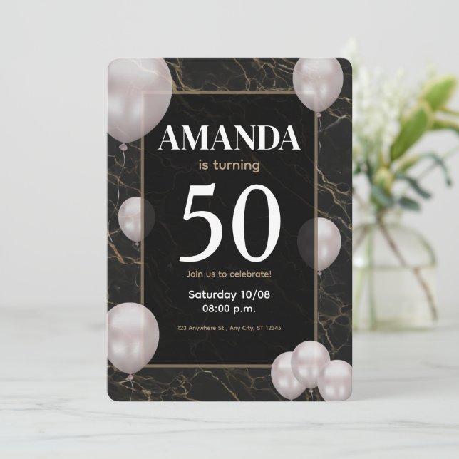 Convite de aniversário de 50 anos dourado e preto (Em pé/Frente)