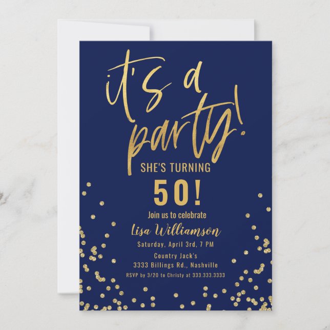 Convite de Aniversário de 50 anos em Dourado e Azu (Frente)