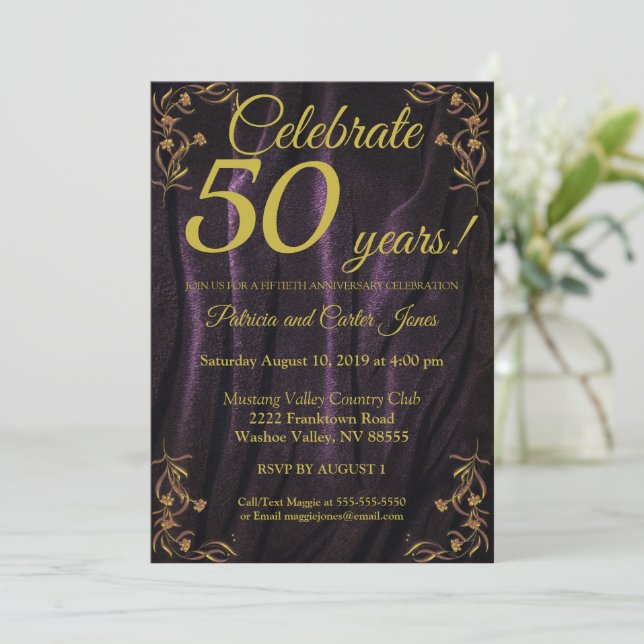 Convite de Aniversário de 50 anos em Dourado Elega (Em pé/Frente)